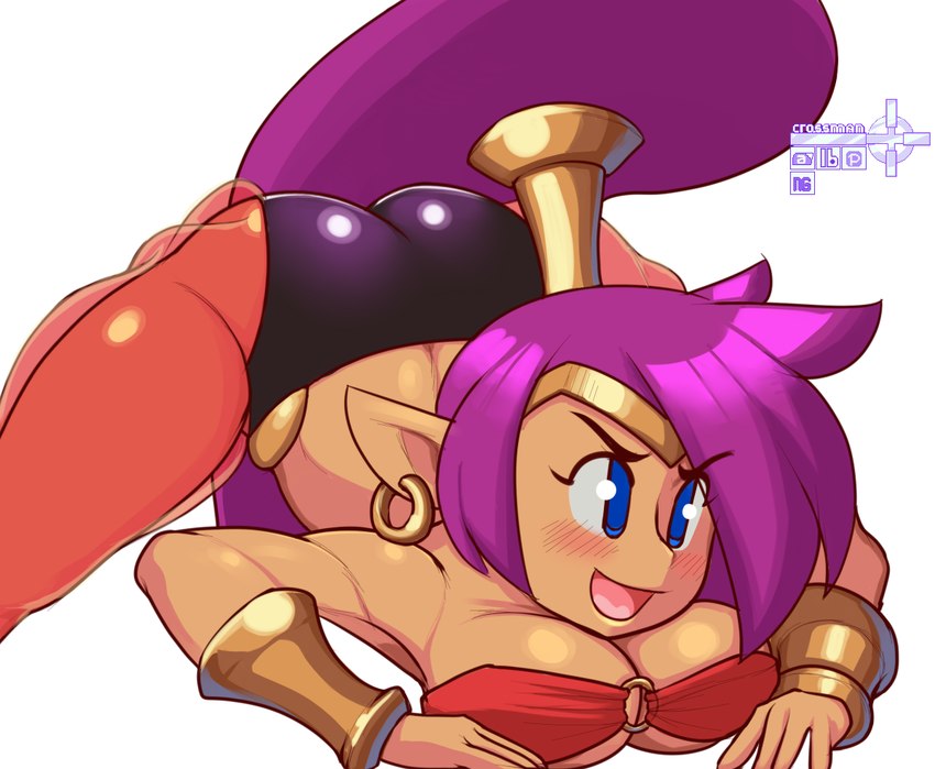 ass_up bandeau big_breasts blue_eyes breasts butt clothed clothing ear_piercing female hair humanoid_pointy_ears jack-o'_pose long_hair not_furry open_mouth piercing pointy_ears ponytail pose purple_hair smile solo topwear translucent translucent_clothing crossman shantae_(series) wayforward shantae genie humanoid mammal