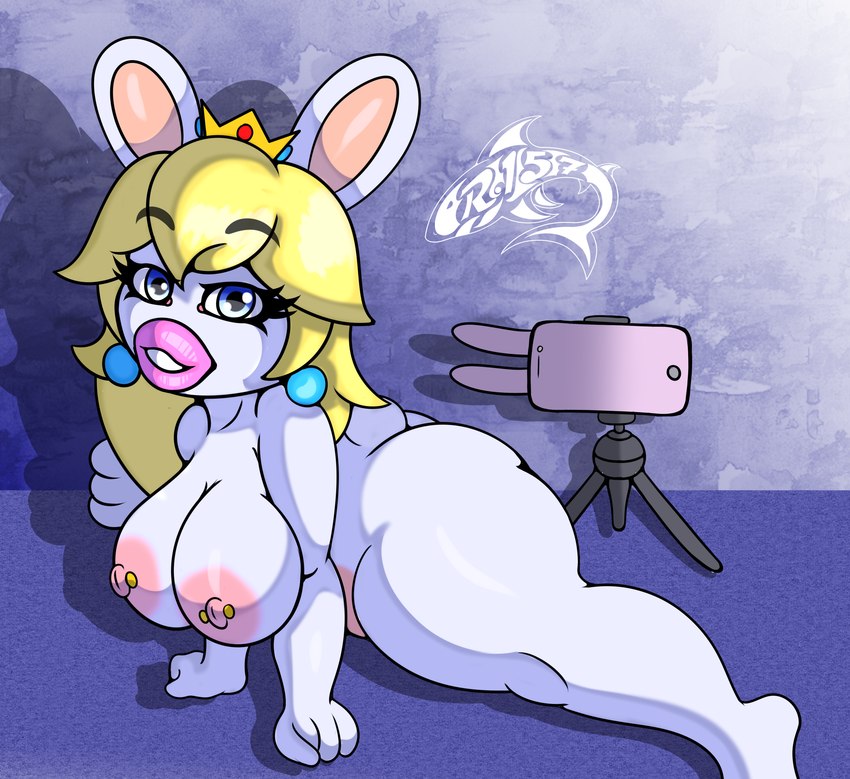 anthro big_breasts blonde_hair breasts cellphone detailed_background electronics female flexible hair lips lipstick looking_at_viewer makeup nipple_piercing nipples noseless nude phone piercing solo splits spread_legs spreading thick_thighs tripod renegade-157 mario_bros mario_plus_rabbids_kingdom_battle nintendo raving_rabbids rayman_(series) ubisoft rabbid_peach lagomorph mammal rabbid crossover hi_res