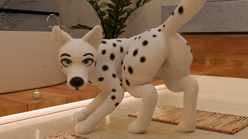 bathroom butt female feral fur looking_at_viewer looking_back markings scenery spots white_body avulous 101_dalmatians disney perdita canid canine canis dalmatian domestic_dog mammal 3d_(artwork) absurd_res digital_media_(artwork) hi_res