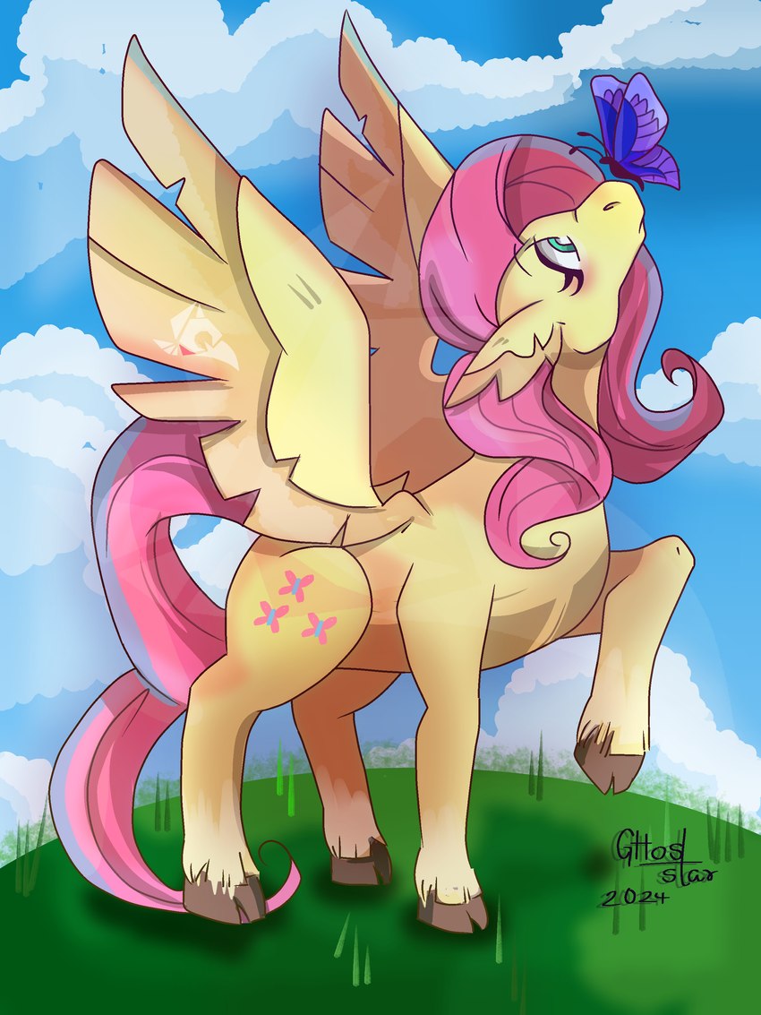 cloud cloudy_sky cloven_hooves detailed_background eyelashes feathered_wings feathers female feral fur grass green_eyes hooves mane outside pink_mane pink_tail plant quadruped sky snout solo tail wings yellow_body yellow_feathers yellow_fur ghostar656 friendship_is_magic hasbro my_little_pony mythology fluttershy_(mlp) arthropod butterfly equid equine horse insect lepidopteran mammal mythological_creature mythological_equine pegasus pony 2024 3:4 absurd_res cel_shading dated digital_drawing_(artwork) digital_media_(artwork) hi_res shaded signature