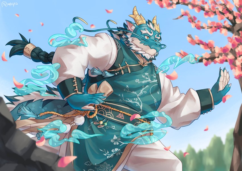 anthro asian_clothing beard blue_body cherry_blossom cherry_blossom_tree cherry_tree chinese_clothing clothing east_asian_clothing facial_hair fighting_pose flower fruit_tree hair horn kung_fu male mature_male plant pose prunus_(flower) solo tail tree white_hair yellow_eyes remaniac3 lifewonders mythology tokyo_afterschool_summoners qinglong_(tas) dragon mythological_creature mythological_scalie scalie 2024 hi_res