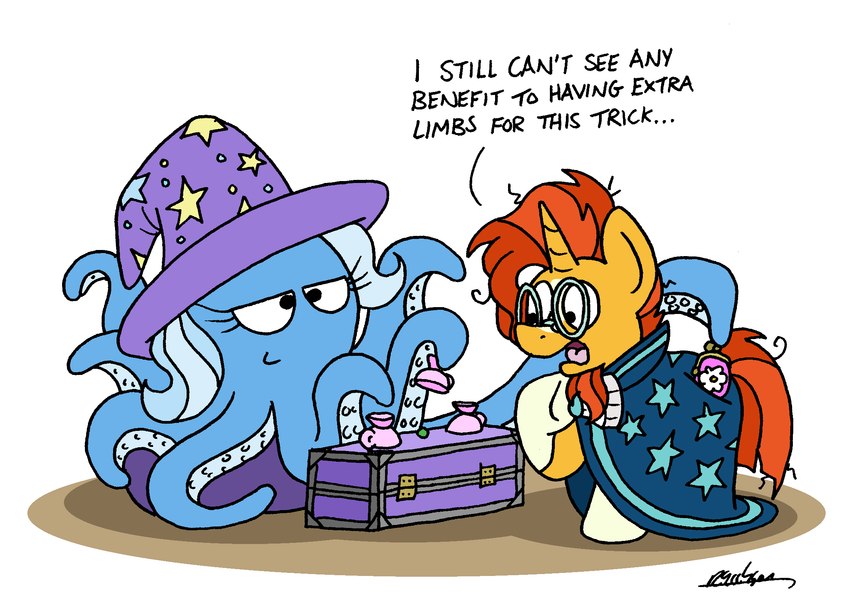 alternate_species clothing coin_purse container cup duo eyewear female feral glasses hat headgear headwear horn male pickpocket pickpocketing quadruped robe tea_cup text wizard_hat bobthedalek friendship_is_magic hasbro my_little_pony mythology sunburst_(mlp) trixie_(mlp) cephalopod coleoid equid equine mammal marine mollusk mythological_creature mythological_equine octopodiform octopus unicorn digital_media_(artwork) english_text hi_res signature