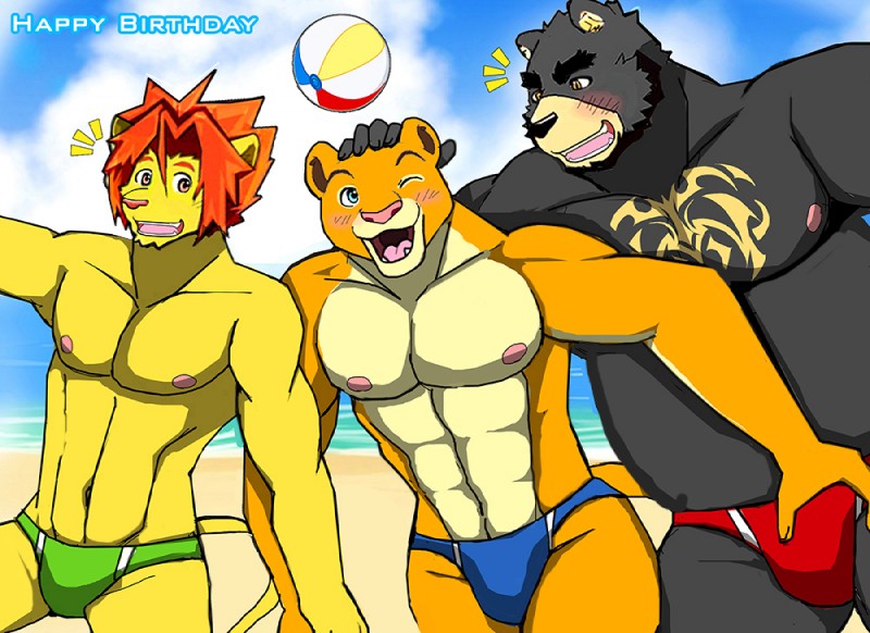 abs age_difference anthro ball beach beach_ball blush bulge clothed clothing detailed_background embarrassed group inflatable male mature_male nipples older_male outside pool_toy romantic romantic_couple sand seaside skimpy sky speedo suit swimwear tattoo topless water bearlovestiger13 eloncougart morenatsu arthur_(eloncougart) don_puma soutarou_(morenatsu) american_black_bear bear black_bear cougar felid feline lion mammal pantherine ursine