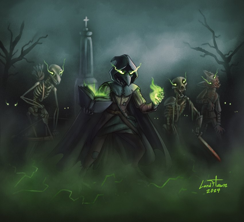 anthro armor arrow_(weapon) blood blood_on_face bodily_fluids bone book bow_(weapon) cloak clothing fog glowing glowing_eyes green_eyes hood magic melee_weapon outside ranged_weapon skeleton sword teeth weapon lordflawn avian bird corvid corvus_(genus) crow oscine passerine undead zombie 2024 hi_res