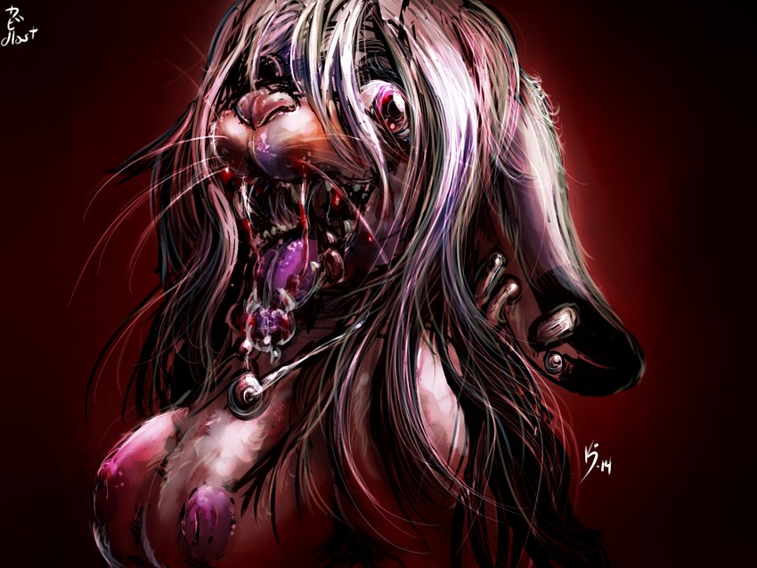 anthro blood bodily_fluids breasts drooling ear_piercing ear_ring female nipples nude open_mouth piercing red_background ring_piercing saliva simple_background solo teeth tongue tongue_out dlost lagomorph leporid mammal rabbit 2014 4:3 hi_res