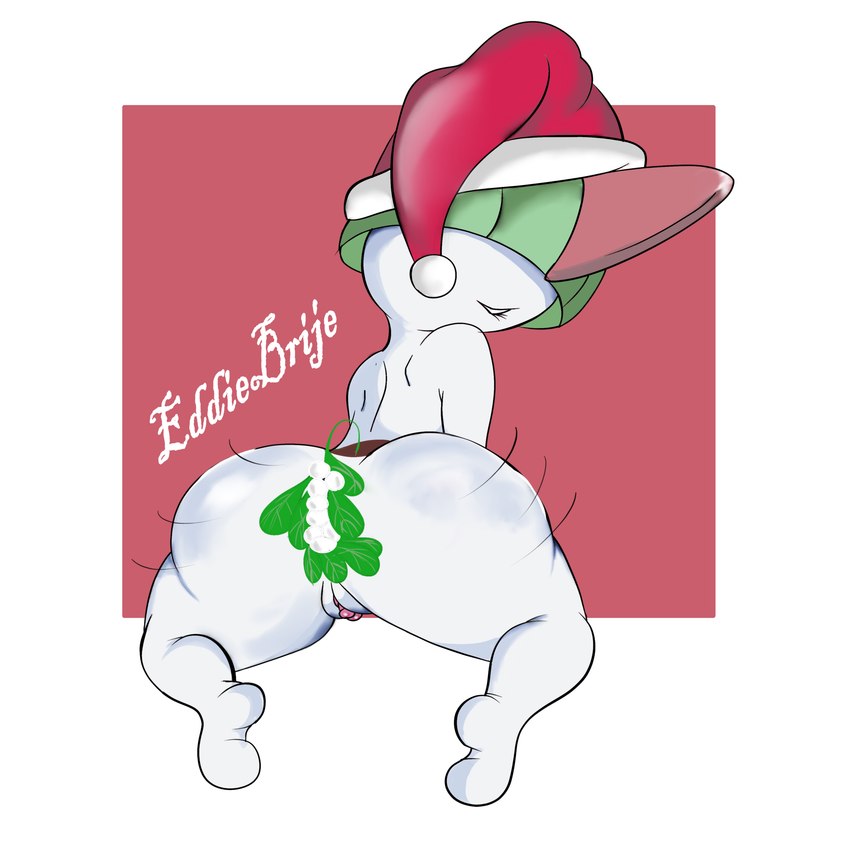 anthro big_butt butt christmas_clothing christmas_headwear clothing female genitals hat headgear headwear holidays mistletoe not_furry nude plant pussy santa_hat simple_background smile solo wide_hips eddiebrije christmas nintendo pokemon generation_3_pokemon pokemon_(species) ralts 1:1 absurd_res hi_res