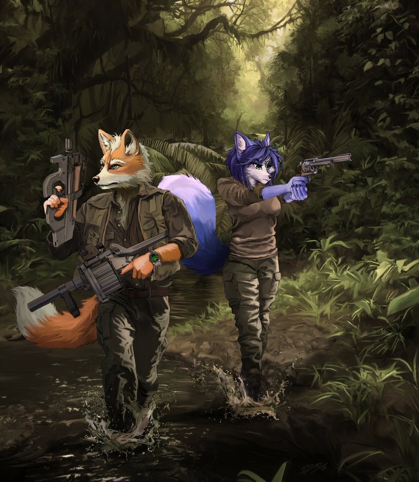 anthro clothed clothing duo female forest grenade_launcher gun handgun jungle male male/female military_clothing p90 plant ranged_weapon revolver submachine_gun tree video_game_reference weapon xussurix goldeneye nintendo star_fox fox_mccloud krystal_(star_fox) canid canine fox mammal crossover hi_res