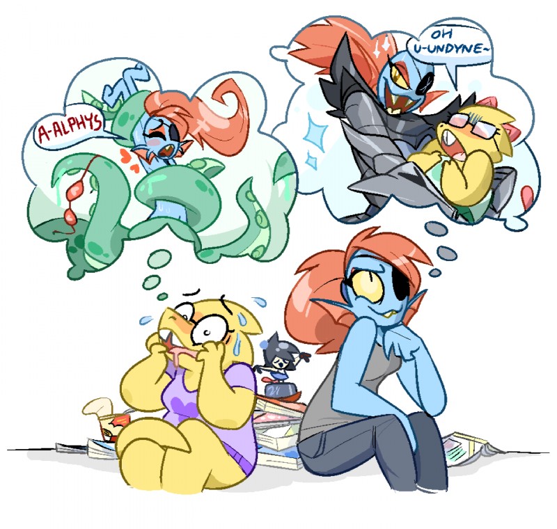 alphys, undyne, and undyne the undying (undertale (series) and etc) created by pixylbyte