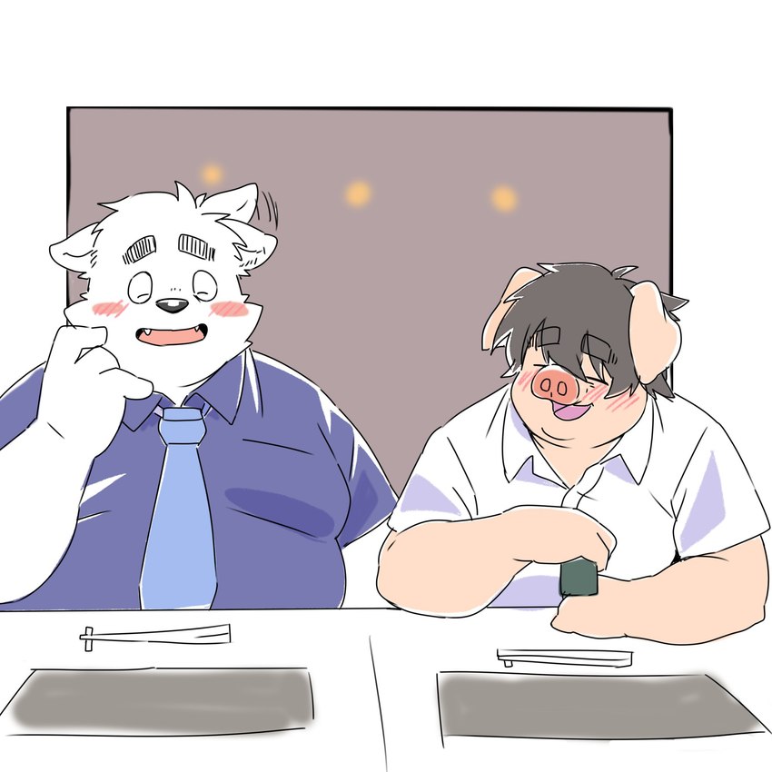 anthro belly big_belly black_nose blush clothing cute_fangs duo eyes_closed fangs kemono male necktie open_mouth overweight overweight_male shirt teeth topwear inunoshippo canid canine canis domestic_dog domestic_pig mammal suid suina sus_(pig) 1:1 2024 hi_res