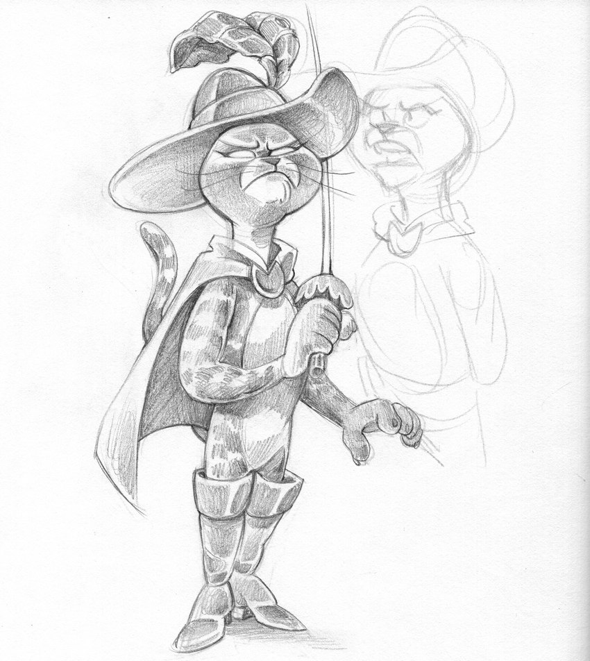 anthro boots cape clothing footwear frown hat headgear headwear holding_object holding_weapon male melee_weapon narrowed_eyes open_mouth rapier serious serious_face shoes simple_background solo standing sword weapon whiskers white_background illusioncanthurtme dreamworks puss_in_boots_(franchise) puss_in_boots_(dreamworks) domestic_cat felid feline felis mammal tabby_cat absurd_res greyscale hi_res monochrome multiple_images sketch traditional_media_(artwork)