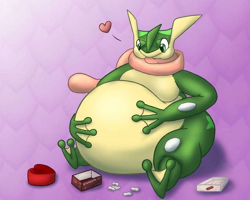 bloated box_of_chocolates candy chocolate chubby_cheeks dessert empty_box food front_view green_body green_eyes hand_on_belly heart_background heart_symbol long_tongue male obese obese_male overweight overweight_male purple_background simple_background sitting slightly_chubby slightly_chubby_male solo tongue weight_gain alvro nintendo pokemon grenerous generation_6_pokemon greninja pokemon_(species) 2023 5:4 digital_media_(artwork) shaded