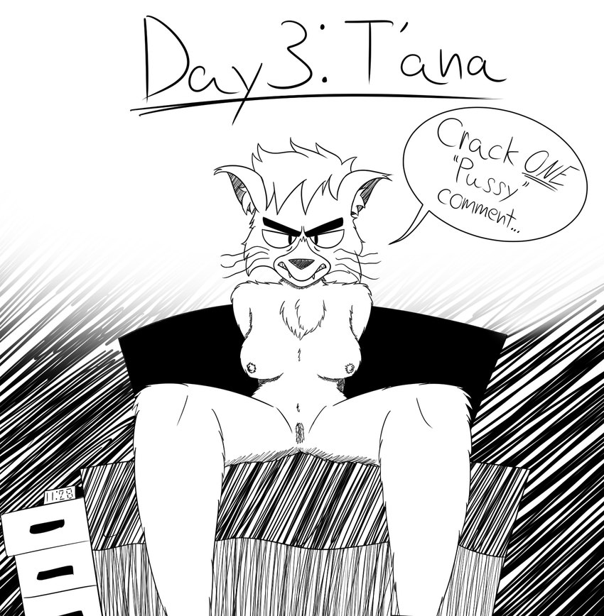 angry anthro breasts dialogue female front_view genitals nipples nude pussy sitting solo text whiskers himitsu star_trek star_trek_lower_decks dr._t'ana caitian felid mammal 2021 black_and_white english_text hi_res monochrome portrait sketch three-quarter_portrait