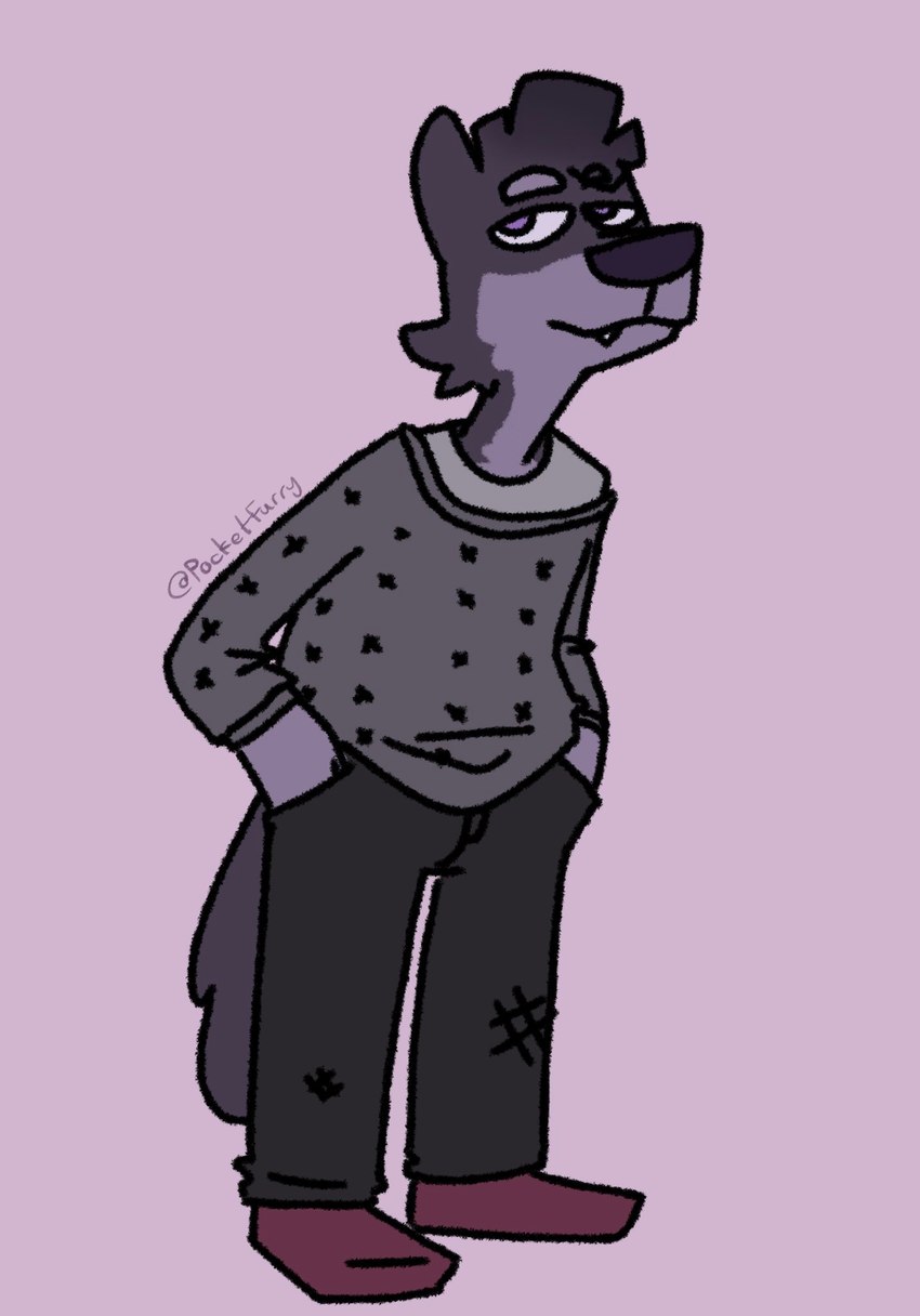 anthro barely_visible_teeth big_nose biped black_bottomwear black_clothing black_pants bottomwear clothing footwear fur grey_body grey_clothing grey_fur grey_shirt grey_sweater grey_topwear hand_in_pocket looking_away looking_up male pants pockets purple_background purple_eyes red_clothing red_footwear red_shoes shirt shoes simple_background solo sweater tail topwear pocketfurry esteban_(wolfnes) canid canine canis mammal wolf 2020 digital_drawing_(artwork) digital_media_(artwork) full-length_portrait hi_res portrait signature