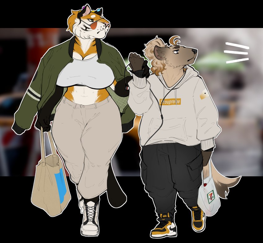 anthro big_breasts breasts cleavage clothed clothing duo ear_piercing female larger_female male male/female piercing size_difference smaller_male securipun bailey_(securipun) jeannine_(securipun) felid hyena mammal pantherine tiger hi_res