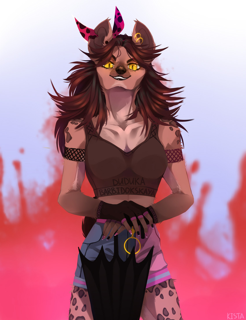 angry anthro breasts brown_body brown_fur brown_hair clothing ear_piercing ear_ring female fur hair looking_at_viewer piercing ring_piercing russian smile solo soviet_cartoon spots umbrella yellow_eyes foxart_lisich ekran duduka unknown_species shape_shifter absurd_res hi_res