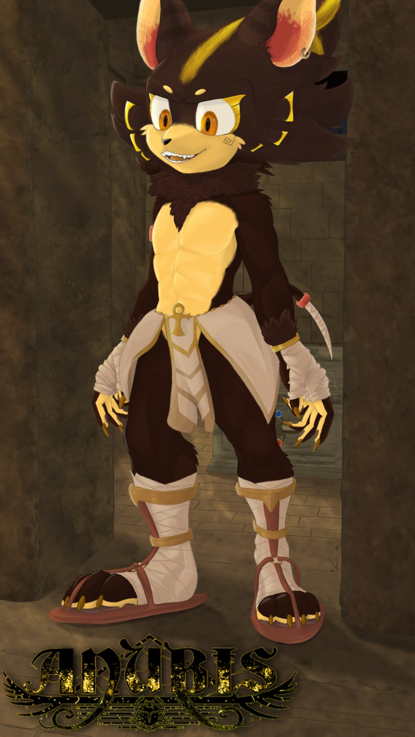 anthro bandage bracelet claws clothing egyptian egyptian_clothing fangs footwear fur fur_markings gold_(metal) gold_bracelet gold_jewelry jewelry male markings multicolored_body multicolored_fur orange_eyes sandals sarcophagus shoes smile solo standing tattoo teeth stypek_(artist) egyptian_mythology middle_eastern_mythology mythology sega sonic_the_hedgehog_(series) anubis fan_character canid canine canis deity jackal mammal 2024 9:16 hi_res