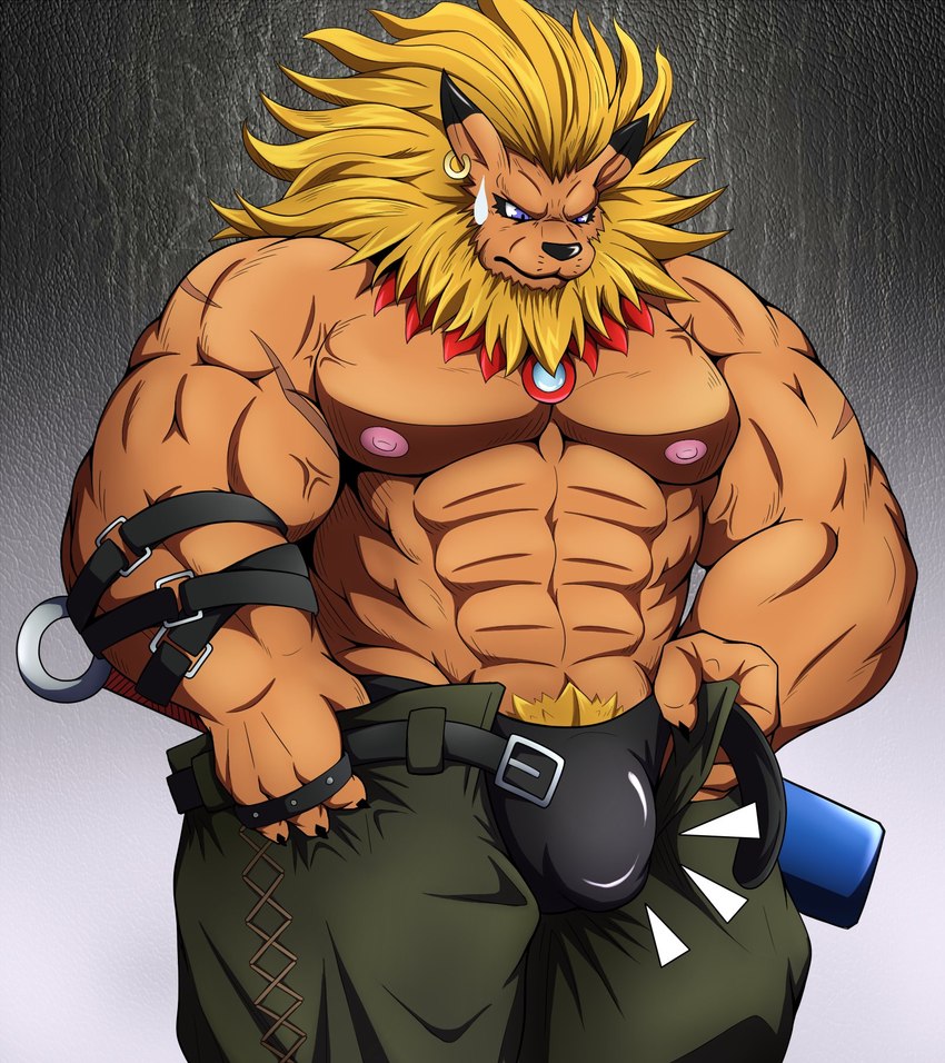 abs anthro blonde_hair bottomwear bulge clothed clothing detailed_bulge ear_piercing ear_ring genital_outline hair male muscular muscular_anthro muscular_male nipples open_bottomwear open_clothing open_pants pants pecs penis_outline piercing pubes ring_piercing solo underwear chocobo4869 bandai_namco digimon digimon_(species) leomon hi_res