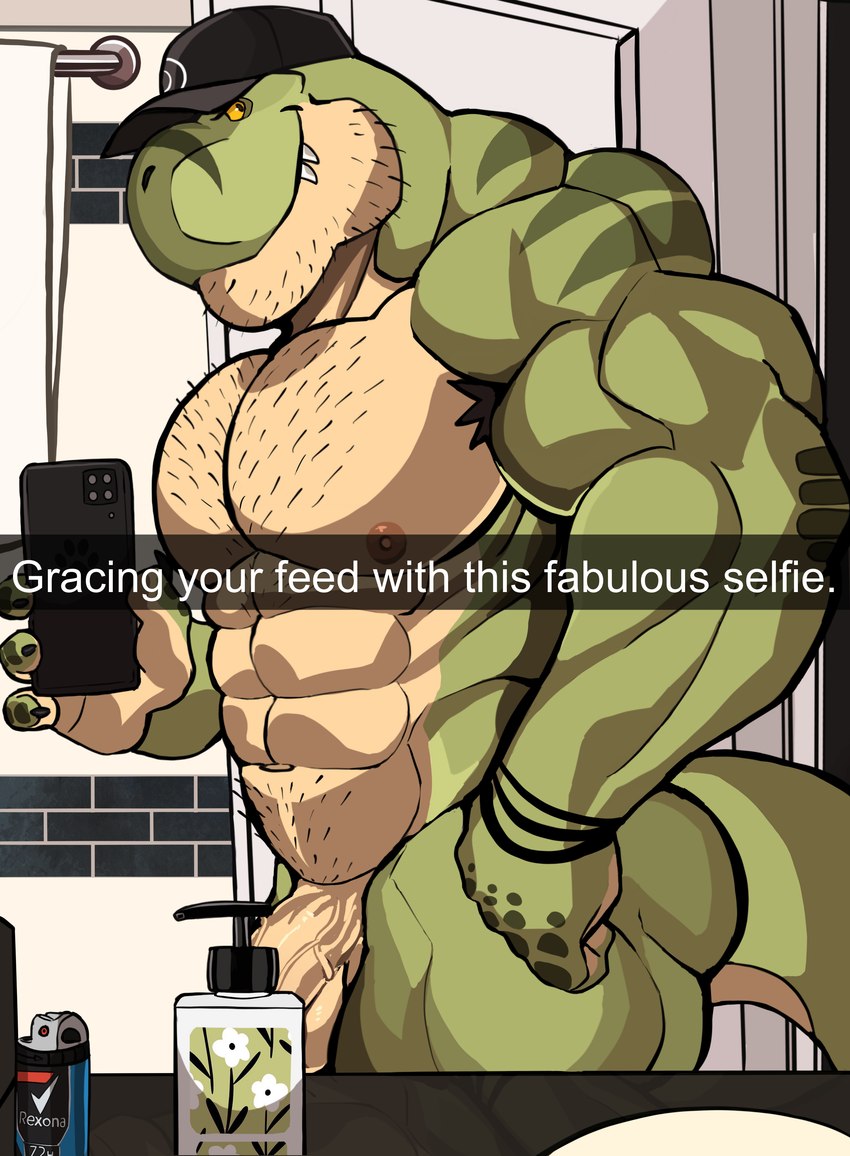 abs anthro armpit_hair baseball_cap bathroom biceps black_clothing black_hat black_headwear body_hair bottle bracelet butt cellphone chest_hair claws clothing container countershade_face countershade_torso countershading deltoids electronics finger_claws genitals green_body green_scales hat headgear headwear holding_cellphone holding_object holding_phone holding_smartphone jewelry male mirror multicolored_body multicolored_scales muscular muscular_anthro muscular_male muscular_thighs nipples nude obliques pecs penis phone pubes reflection scales selfie sink smartphone smile soap_dispenser solo spray tan_body tan_scales text tile tile_wall towel two_tone_body two_tone_scales vein veiny_penis wall_(structure) yellow_sclera darknaigart jace_(darknaig) dinosaur prehistoric_species reptile scalie theropod tyrannosaurid tyrannosauroid tyrannosaurus tyrannosaurus_rex 2023 absurd_res english_text hi_res