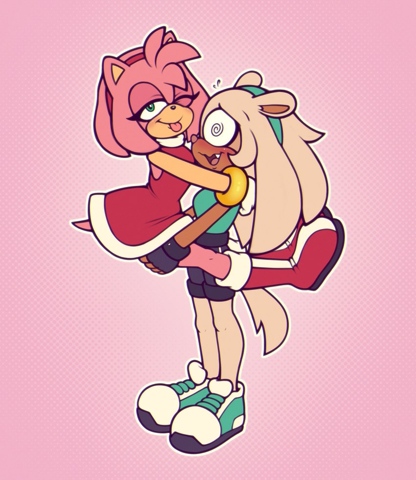 accessory anthro blush boots bracelet carrying_another clothing dress duo female female/female flustered footwear gloves green_eyes hair_accessory hairband handwear jewelry one_eye_closed pink_nose shoes swirly_eye thin_calves thin_legs thin_thighs tongue tongue_out stunnerpony sega sonic_the_hedgehog_(series) amy_rose coco_the_ferret fan_character domestic_ferret eulipotyphlan hedgehog mammal mustelid musteline true_musteline weasel 2023 absurd_res hi_res