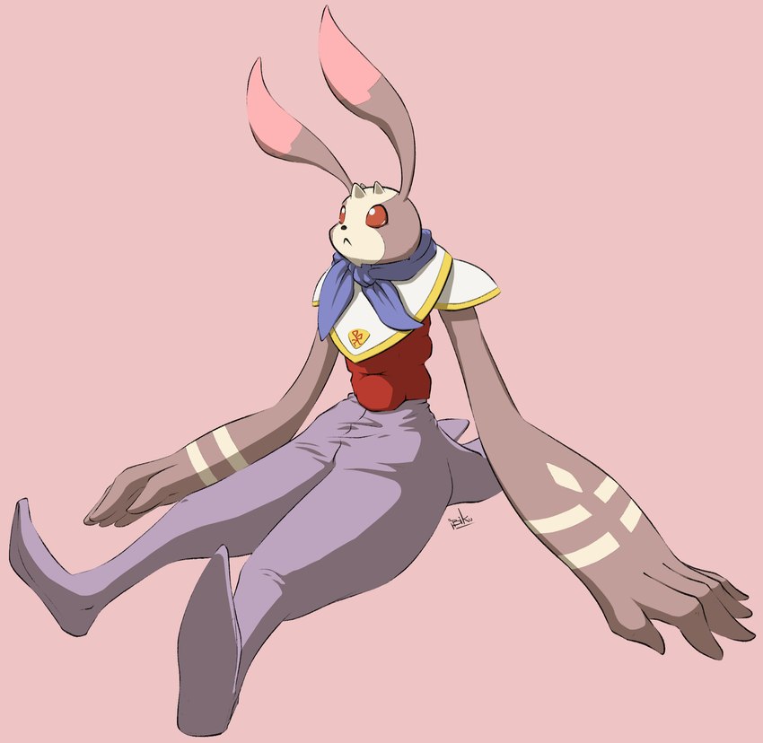 ambiguous_gender anthro bottomwear brown_body brown_fur clothing fur horn long_ears pants pink_background red_eyes simple_background sitting solo ibiku bandai_namco digimon antylamon digimon_(species) lagomorph leporid mammal rabbit hi_res