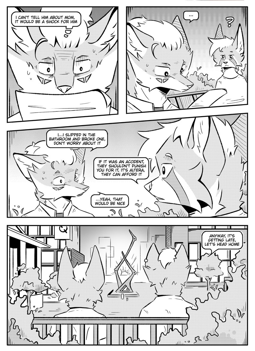 ambiguous_gender anthro bench building city city_background clothed clothing dialogue duo ear_piercing inner_ear_fluff male necktie piercing plant simple_background sitting speech_bubble sunset text tree tuft kifyun2 kif_yppreah raphael_yppreah canid canine fox hybrid mammal absurd_res black_and_white comic english_text greyscale hi_res monochrome sibling_(lore)