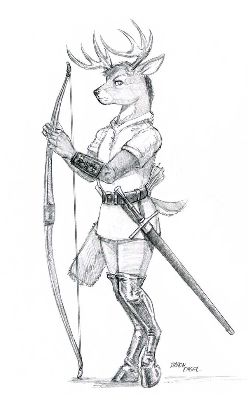 anthro bow_(weapon) clothing duo legwear long_bow looking_aside male melee_weapon ranged_weapon ranger shirt simple_background sword thigh_highs topwear tunic weapon white_background baron_engel dungeons_and_dragons hasbro wizards_of_the_coast cedric_blackprongs deer mammal graphite_(artwork) hi_res traditional_media_(artwork)