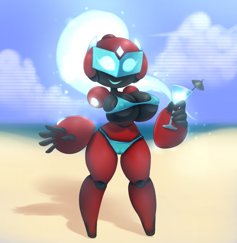 areola beach beverage big_areola big_breasts bikini black_body black_skin breasts camel_toe clothing detailed_background female floating_hands glowing glowing_eyes glowing_hair hair machine nipples not_furry outside sand seaside short_stack solo swimwear two-piece_swimsuit elfdrago ela android humanoid robot absurd_res digital_media_(artwork) hi_res