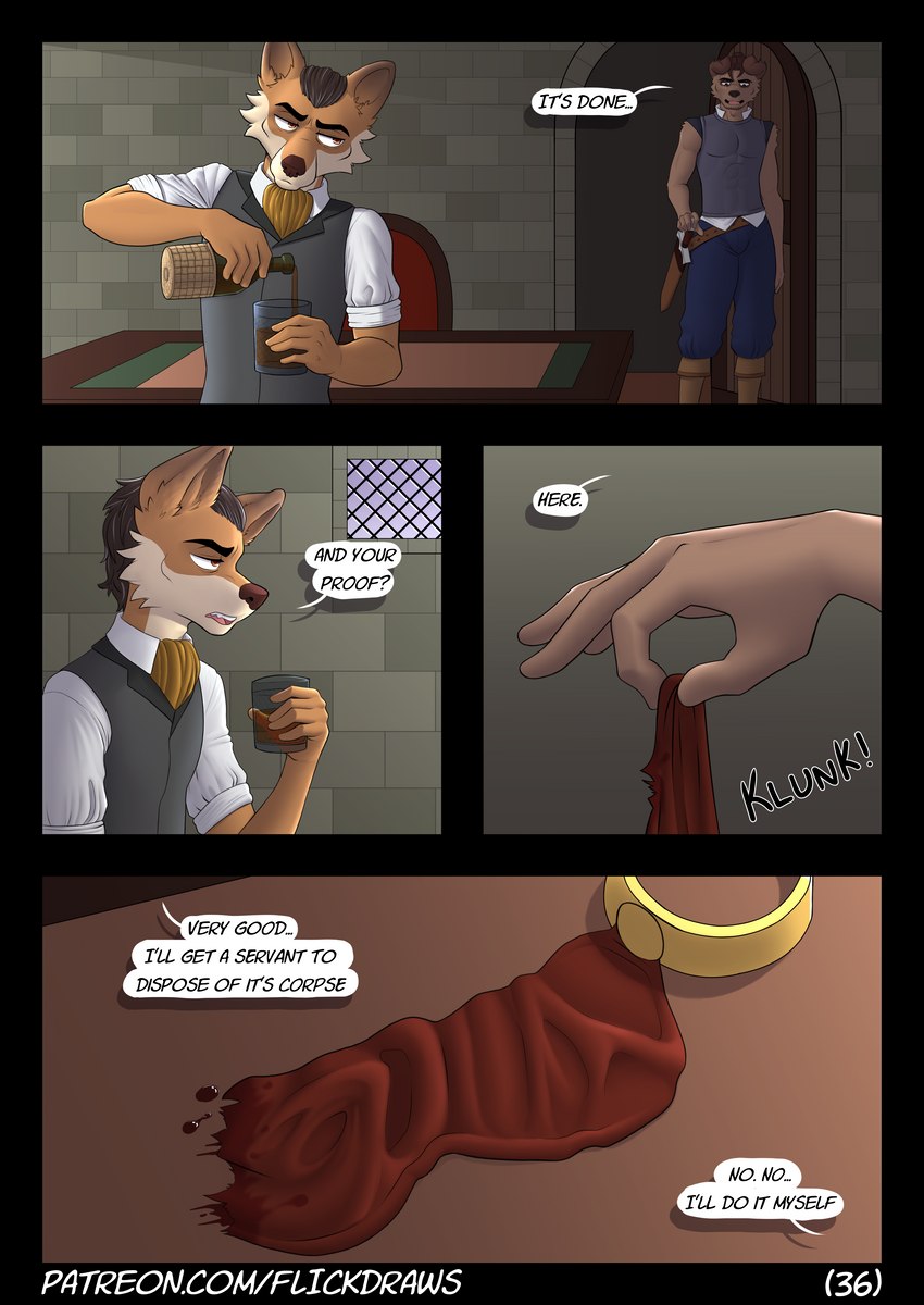 anthro blindfold blood bodily_fluids clothed clothing dialogue duo floppy_ears fur hair male page_number simple_background speech_bubble text flicklock cenric vullen_(flicklock) canid canine canis fox mammal absurd_res comic digital_media_(artwork) english_text hi_res url