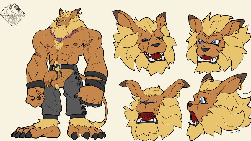 barazoku bottomwear clothing leather leather_bottomwear leather_clothing leather_pants male mane muscular pants solo rickleone bandai_namco digimon digimon_(species) felid leomon lion mammal pantherine himbo hi_res model_sheet