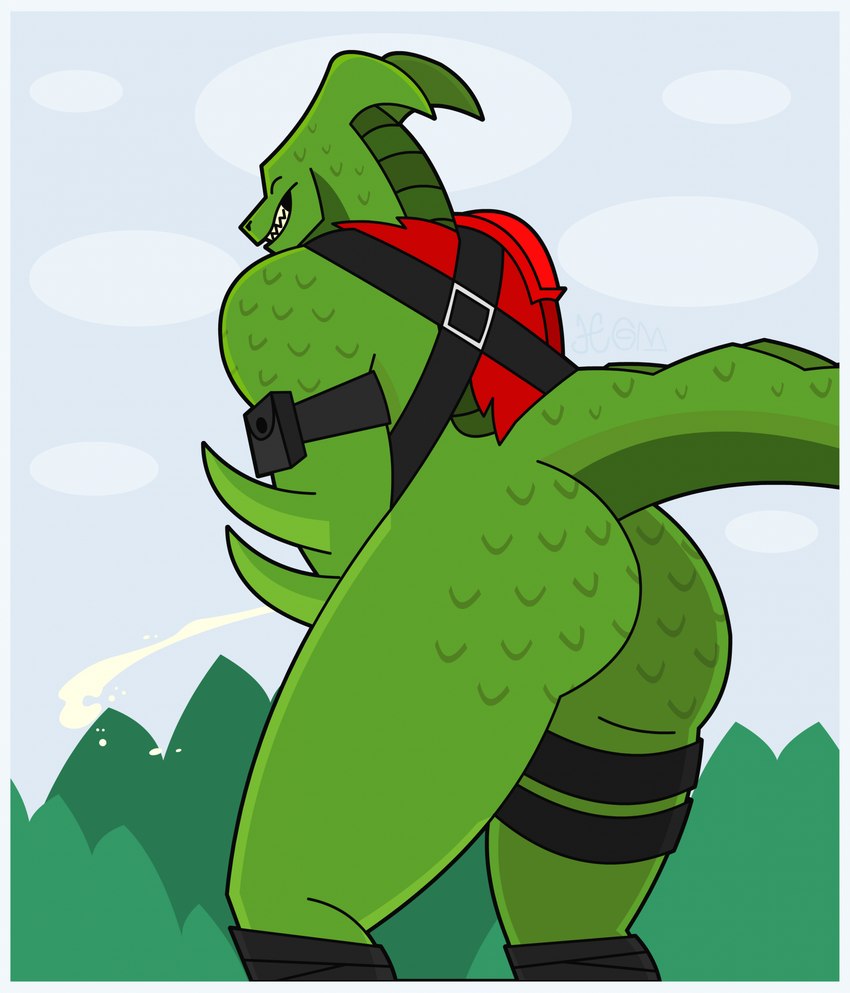 anthro big_butt butt clothing eyes_closed green_body green_scales male mostly_nude rear_view scales sharp_teeth smile solo tail teeth torn_clothing hergommej epic_games fortnite mythology hybrid_(fortnite) dragon mythological_creature mythological_scalie scalie wingless_dragon hi_res