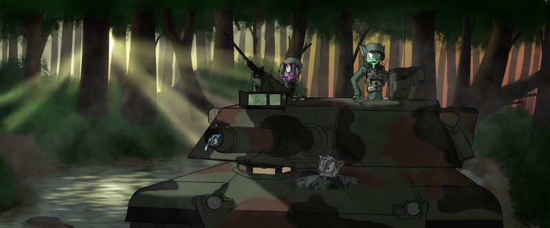 abrams_(tank) anthro armor blue_body blue_fur camo camo_print clothed clothing female forest fur green_body green_fur group gun headgear helmet light light_beam m1 m1_abrams machine_gun male outside plant ranged_weapon sunbeam sunlight tank tree vehicle water weapon dreamkeepers lilith_calah mace_(dreamkeepers) namah_calah whip_(dreamkeepers) domestic_cat felid feline felis mammal 2017 absurd_res hi_res sibling_(lore) sister_(lore) sisters_(lore)