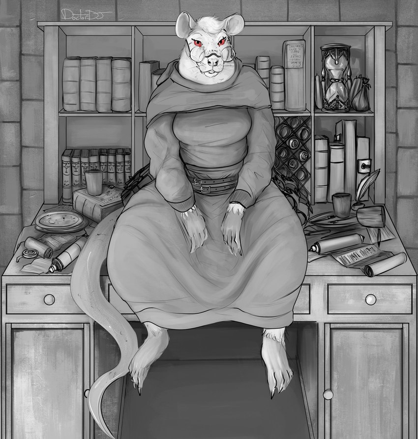 anthro belt book bookshelf claws clothed clothing detailed_background dress eyewear female fully_clothed furniture glasses looking_at_viewer red_eyes round_glasses scroll sitting_on_desk solo whiskers doctordj mammal murid murine rat rodent absurd_res hi_res