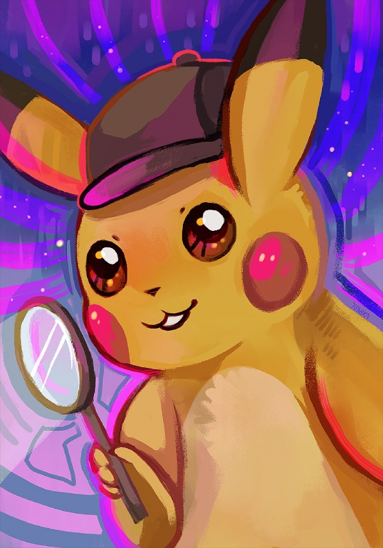 4_fingers black_nose brown_eyes clothing deerstalker_hat fingers hat hat_only headgear headgear_only headwear headwear_only holding_object magnifying_glass mostly_nude red_cheeks solo yellow_body xishka nintendo pokemon pokemon_detective_pikachu detective_pikachu generation_1_pokemon pikachu pokemon_(species) 2019 digital_media_(artwork) digital_painting_(artwork) hi_res signature