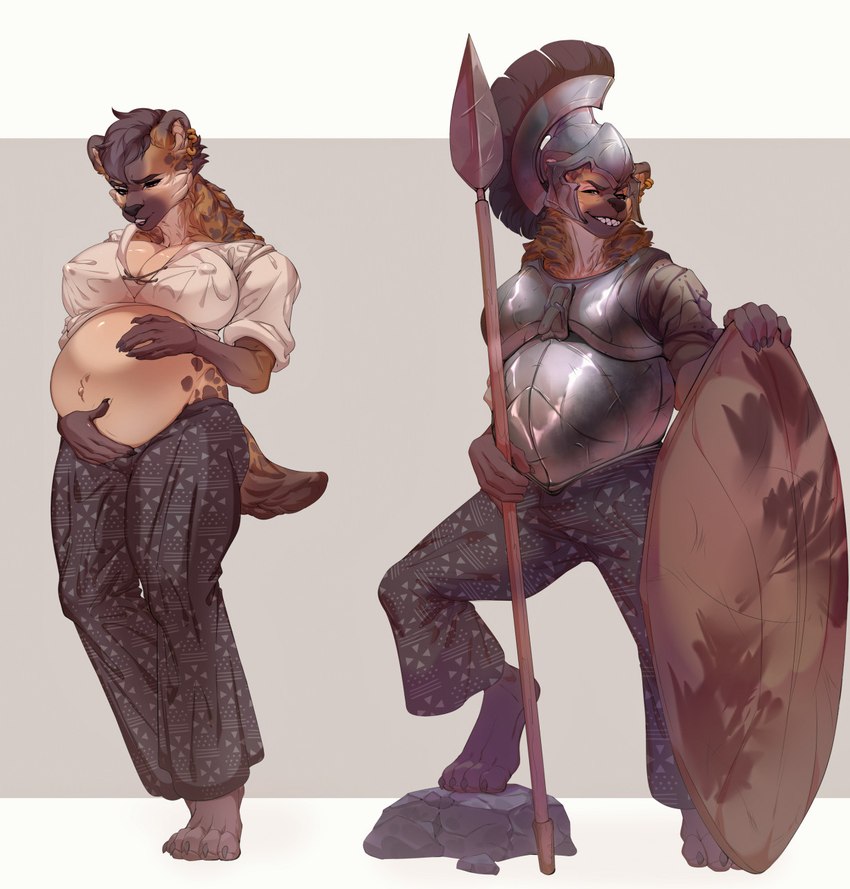 africa african anthro armor barefoot belly belly_rub belly_tuft big_belly big_breasts big_teeth bottomwear breasts cleavage clothed clothing digitigrade ear_piercing erect_nipples feet female happy headgear helmet holding_belly holding_melee_weapon holding_object holding_polearm holding_spear holding_weapon inner_ear_fluff looking_at_viewer looking_down melee_weapon muscular muscular_anthro muscular_female neck_tuft nipple_outline nipples pants piercing polearm pregnant pregnant_anthro pregnant_female sharp_teeth shield smile smiling_at_viewer smug smug_face smug_grin solo spear teeth thick_thighs tuft weapon miloff aedila hyena mammal spotted_hyena 2022 hi_res