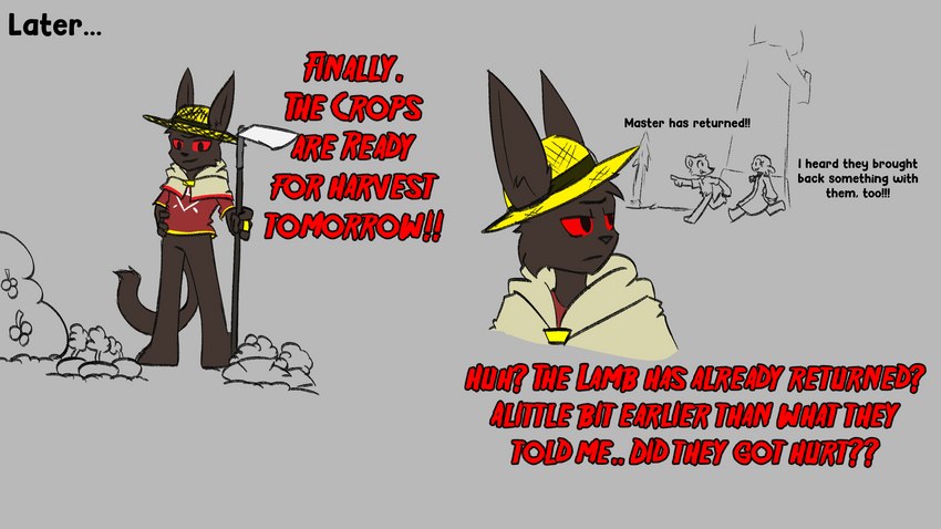 3_eyes ambiguous_gender anthro black_body black_fur clothing collar dialogue ears_through_headwear farmer fur grey_background group hat headgear headwear hoe holding_hoe holding_object holding_tool hoodie male multi_eye plant red_clothing red_sclera red_shirt red_topwear shirt simple_background standing straw_hat text tools topwear novaarts cult_of_the_lamb massive_monster_(studio) narinder amphibian axolotl domestic_cat felid feline felis mammal marine mole_salamander mouse murid murine rodent salamander 16:9 2022 comic digital_media_(artwork) english_text hi_res monochrome widescreen