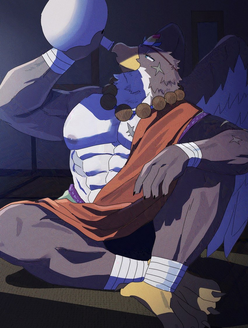 anthro asian_clothing bare_chest beads beak brown_body brown_feathers clothing drinking east_asian_clothing feathers japanese_clothing jug male muscular muscular_anthro muscular_male pecs prayer_beads scar sitting solo wings suna_sand1 lifewonders tokyo_afterschool_summoners gandharva_(tas) avian hi_res