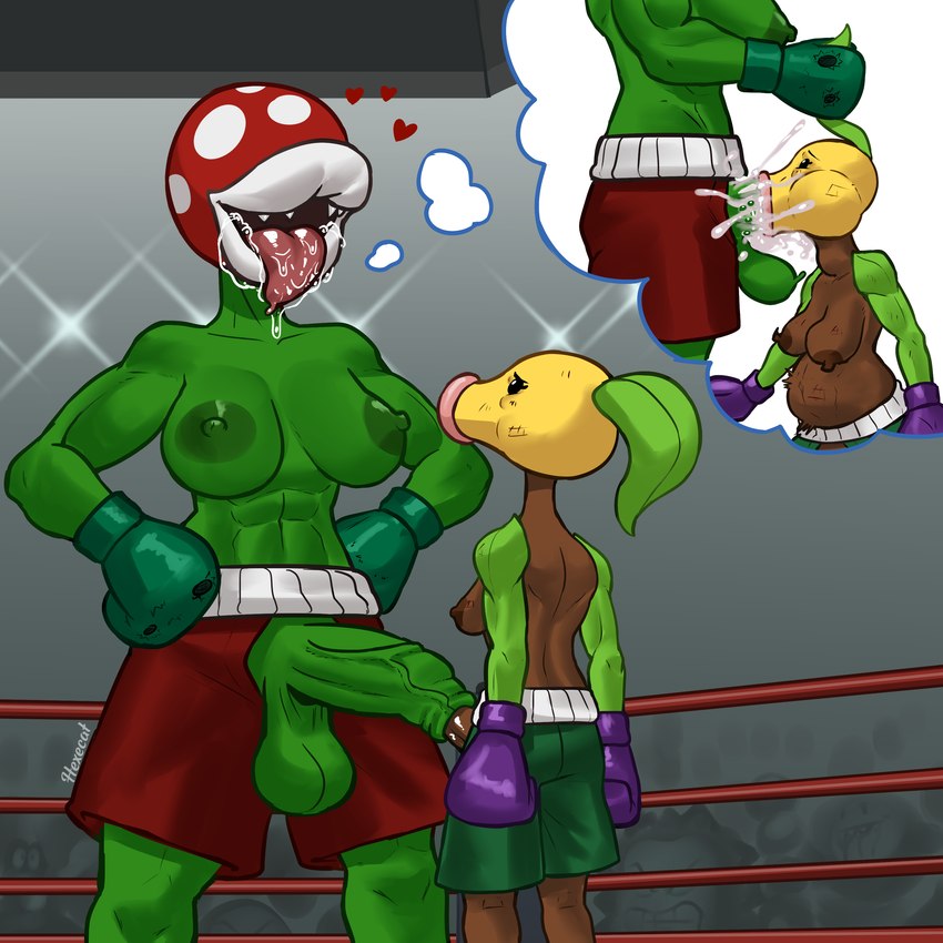 abdominal_bulge anthro big_breasts bodily_fluids boxing boxing_gloves breasts clothing cum cum_in_mouth cum_inside docking duo fighting_ring genital_fluids gynomorph handwear intersex oral penile plant saliva sex size_difference sport tongue tongue_out hexecat mario_bros nintendo pokemon bellsprout elemental_creature flora_fauna generation_1_pokemon piranha_plant pokemon_(species) absurd_res hi_res