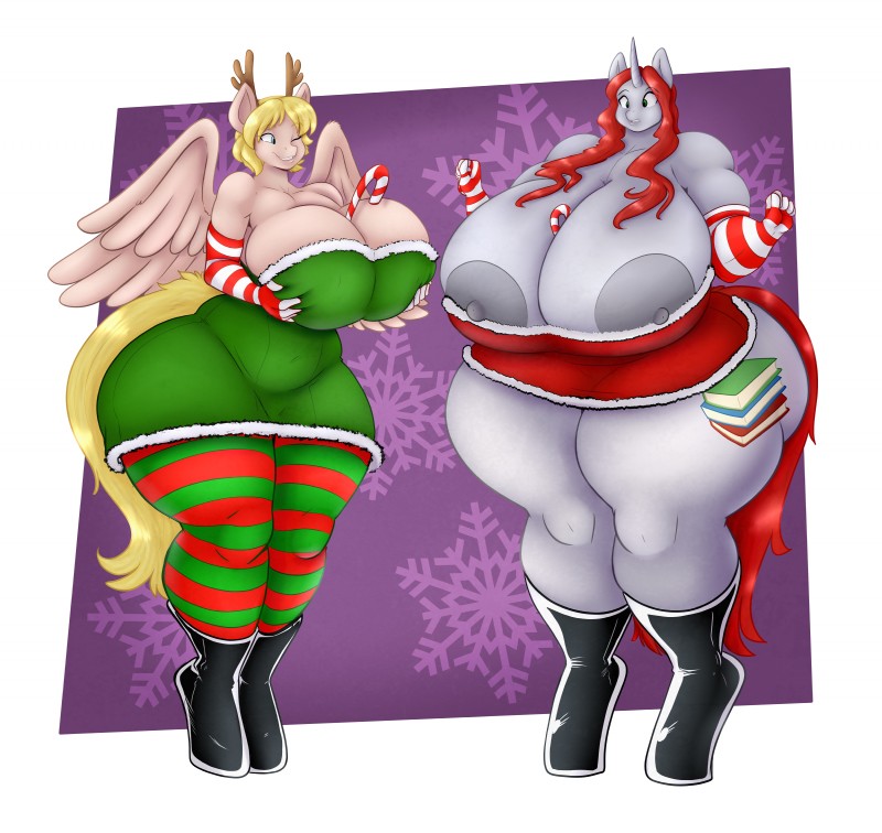 anthro areola armwear bare_shoulders big_breasts blonde_hair boots breasts candy candy_cane clothed clothing curvy_figure cutie_mark dessert dress duo elbow_gloves feathered_wings feathers female food food_fetish food_play footwear furgonomics gloves hair handwear holding_breast holidays horn huge_breasts huge_hips huge_thighs hyper hyper_breasts leggings legwear long_hair nipple_slip nipples partially_clothed pattern_clothing pattern_leggings pattern_legwear red_hair shoes short_hair skimpy strapless_clothing strapless_dress striped_clothing striped_leggings striped_legwear stripes thick_thighs tight_clothing tight_dress voluptuous wavy_hair wide_hips wings 09hankris jaeh christmas hasbro my_little_pony mythology golden_shoes_(oc) lynette_(09hankris) equid equine horse mammal mythological_creature mythological_equine pegasus unicorn absurd_res hi_res