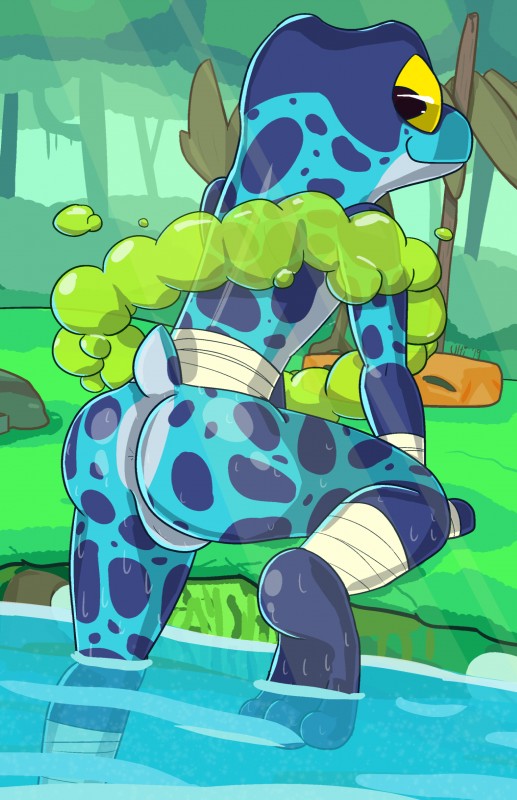 anthro black_eyes butt looking_at_viewer male nude solo water wet ultilix rivals_of_aether ranno amphibian blue_poison_dart_frog frog poison_dart_frog 2019 absurd_res digital_media_(artwork) hi_res