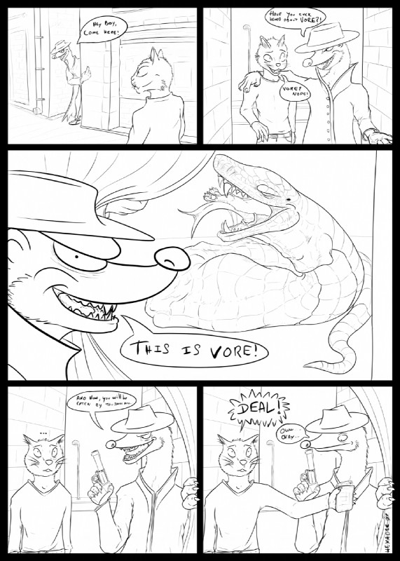 abdominal_bulge bodily_fluids bulge drooling feral looking_at_viewer open_mouth saliva text tongue vore willing_prey hexadec domestic_cat felid feline felis mammal mustelid musteline reptile scalie snake true_musteline weasel comic english_text hi_res monochrome