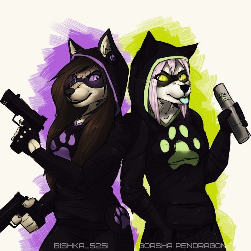 anthro clothed clothing duo female fur gun hair handgun looking_at_viewer mask pistol ranged_weapon simple_background standing tongue tongue_out weapon bishkah291ax48 canid canine mammal 1:1 digital_media_(artwork) shaded