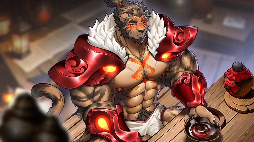 abs anthro armor beverage blush bottomwear claws clothing furniture high-angle_view holding_beverage holding_object loincloth male muscular muscular_male nipples pubes red_eyes sitting solo table littef felid mammal pantherine tiger 2023 hi_res