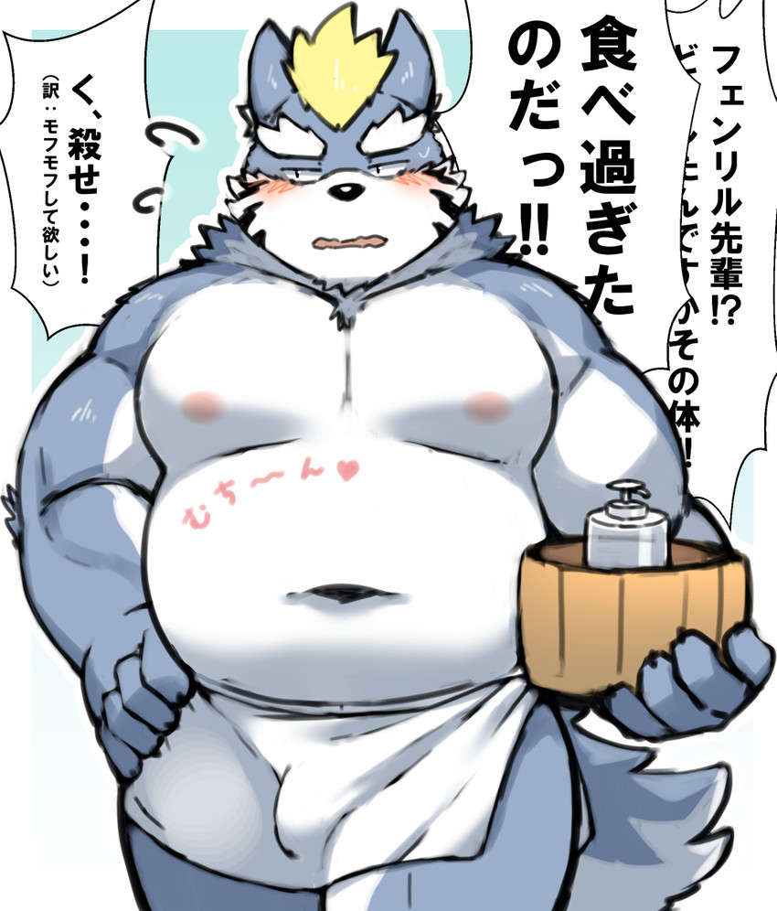 anthro belly big_belly blush bulge fur kemono male moobs navel nipples overweight overweight_anthro overweight_male solo text towel white_body white_fur ptcmtr lifewonders tokyo_afterschool_summoners fenrir_(tas) canid canine canis mammal wolf 2020 hi_res japanese_text