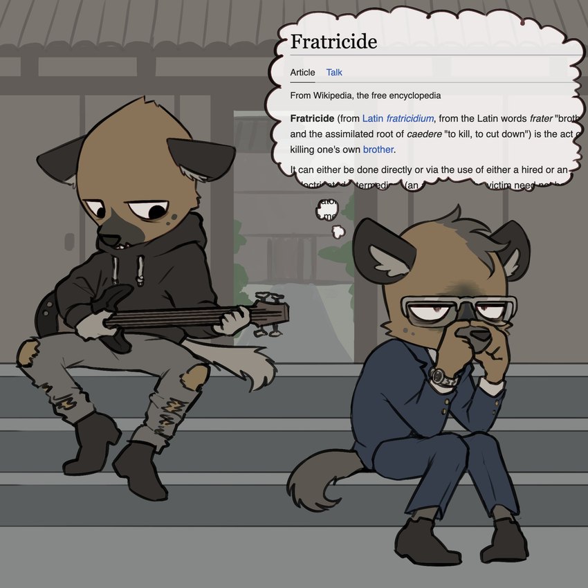 anthro clothing duo eyewear glasses guitar hoodie humor imminent_murder male musical_instrument plucked_string_instrument sitting string_instrument text thought_bubble topwear underflowing_text homunculus100 aggretsuko sanrio wikipedia haida_(aggretsuko) jiro_haida_(aggretsuko) hyena mammal spotted_hyena 1:1 english_text hi_res brother_(lore) brothers_(lore) sibling_(lore)