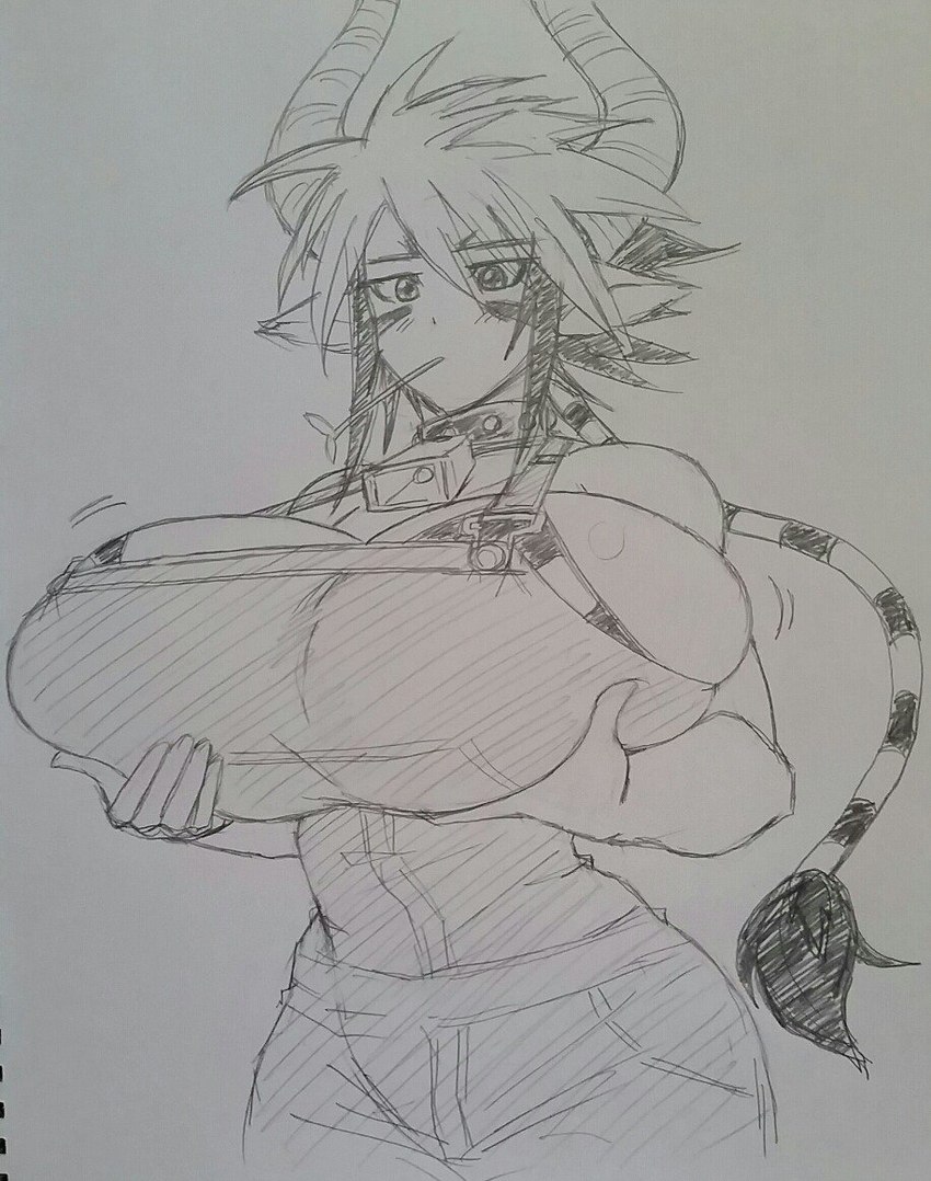 big_breasts blush blush_lines bottomwear breasts clothing cowbell female holding_breast horn hucow huge_breasts looking_at_breasts looking_down monster_girl_(genre) motion_lines pants solo standing tail wide_hips sepiascribe monster_musume cathyl_(monster_musume) animal_humanoid bovid bovid_humanoid bovine bovine_humanoid cattle_humanoid horned_humanoid humanoid mammal mammal_humanoid traditional_media_(artwork)