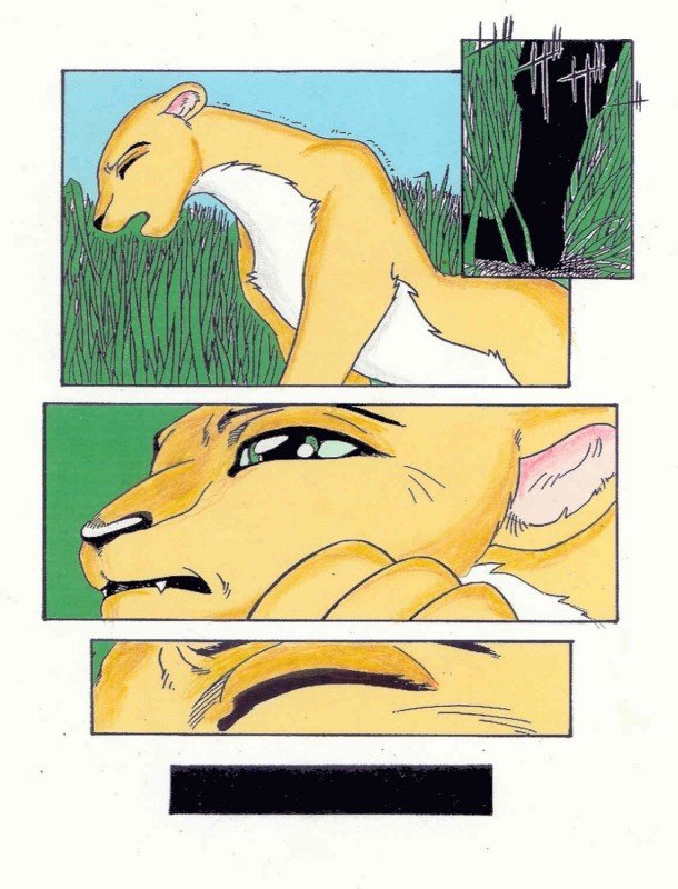 becoming_unconscious drugged drugs eyes_closed female feral fur grass green_eyes knockout plant silhouette solo sound_effects substance_intoxication text unconscious white_body white_fur yellow_body yellow_fur jyu_han sacrament felid human lion mammal pantherine colored comic hi_res japanese_text