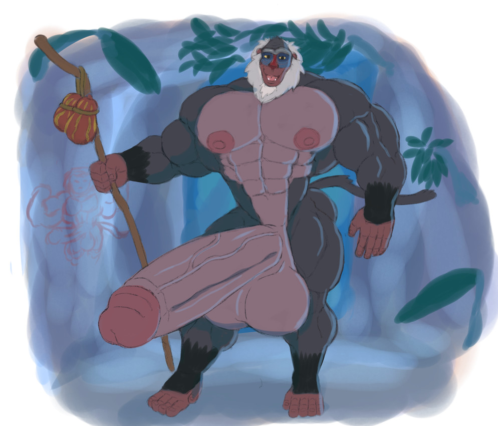 abs anthro balls beard bedroom_eyes biceps big_balls big_biceps big_muscles big_pecs big_penis erection facial_hair genitals hair huge_balls huge_muscles huge_pecs huge_penis hyper hyper_balls hyper_genitalia hyper_muscles hyper_penis male mature_anthro mature_male muscular muscular_anthro muscular_male narrowed_eyes nipples pecs penis seductive solo staff tail triceps vein veiny_penis white_hair hehdgd disney the_lion_king rafiki haplorhine mammal mandrill monkey old_world_monkey primate hi_res