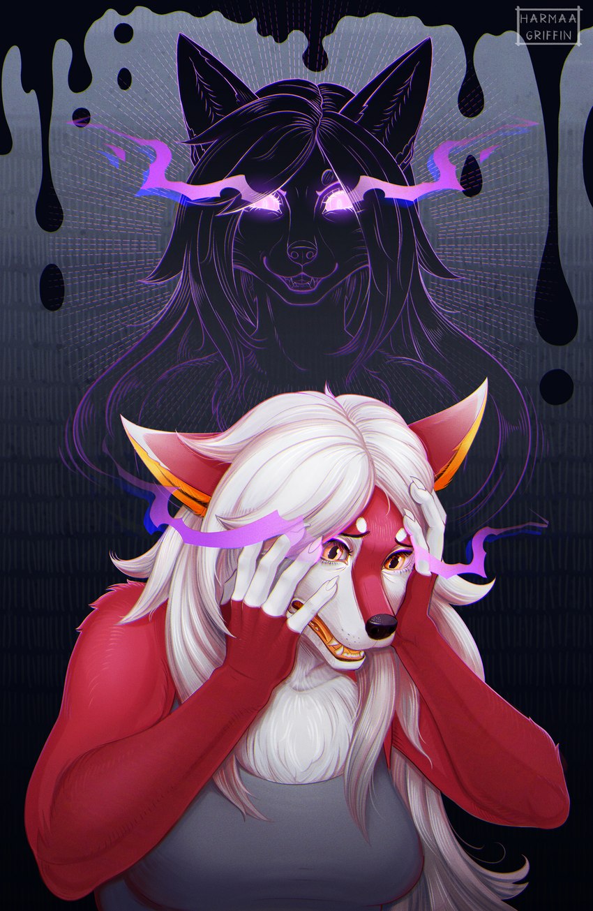 anthro curse darkness despair duo emotional evil_twin female fur glowing glowing_eyes hair madness magic possession red_body red_fur shadow white_hair yellow_eyes harmaagriffin canid canine fox ghost mammal spirit bust_portrait hi_res portrait