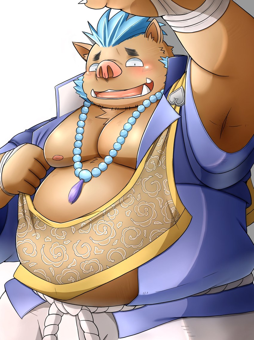 anthro armpit_fetish belly blue_hair blush brown_body brown_fur eyebrows fur hair jewelry male musclegut muscular necklace nipples pecs solo thick_eyebrows tusks inunodaidokoro lifewonders tokyo_afterschool_summoners ganglie_(tas) mammal suid suina sus_(pig) wild_boar hi_res