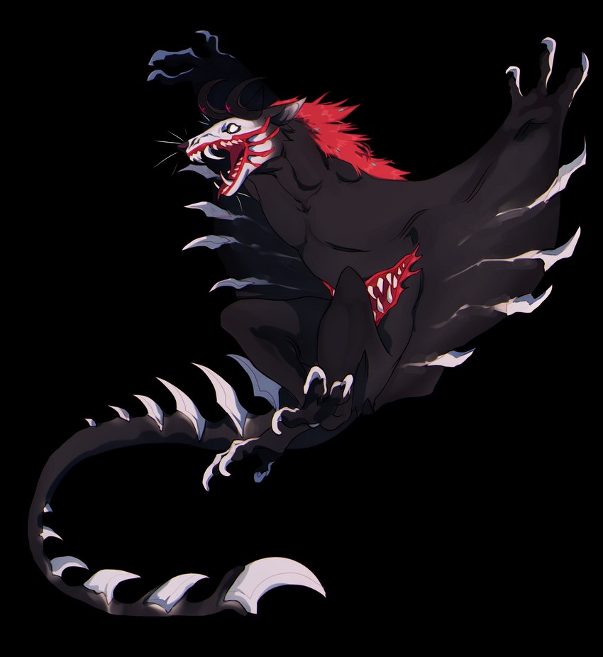 anthro belly_mouth big_fangs black_body black_horn black_membrane black_nose empty_eyes fangs horn male mane membrane_(anatomy) membranous_wings open_mouth red_mane red_tongue sharp_teeth simple_background solo spiked_tail spikes spikes_(anatomy) tail teeth tongue tongue_out transparent_background winged_arms wings blackscour species_request absurd_res alpha_channel full-length_portrait hi_res portrait